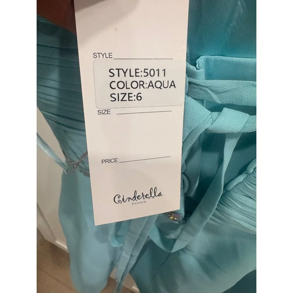 Cinderella Couture Girls Aqua Dress Size 6 With Jewel Embellished Waist & Ruched